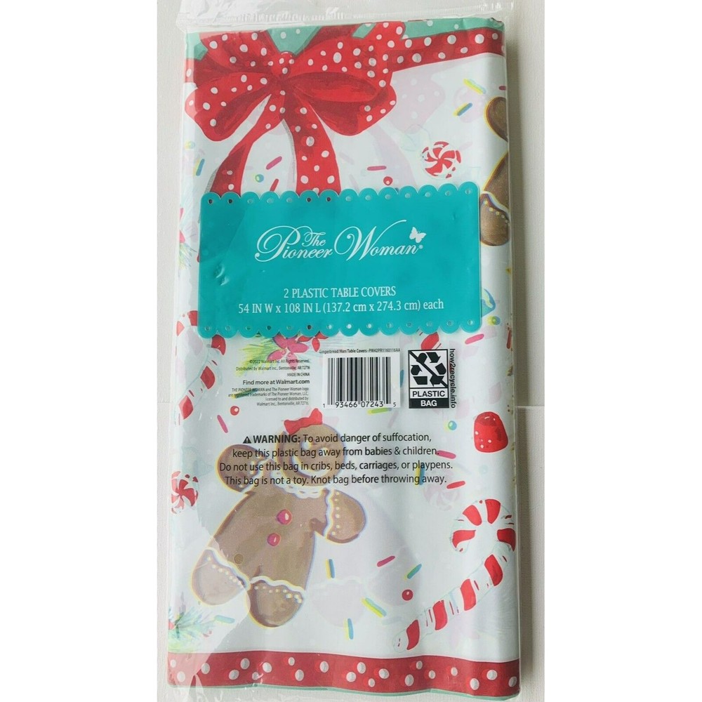 2 The Pioneer Woman Gingerbread Man Plastic Table Covers 54x108 Red Polka Teal - Picture 5 of 14